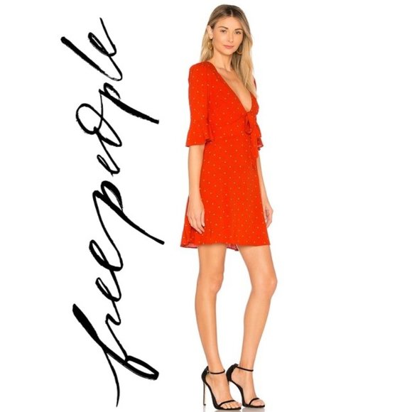FREE PEOPLE 'All Yours' Flame Orange RED COMBO Polka DOT Ruffle BOHO Mini Dress - Picture 1 of 6